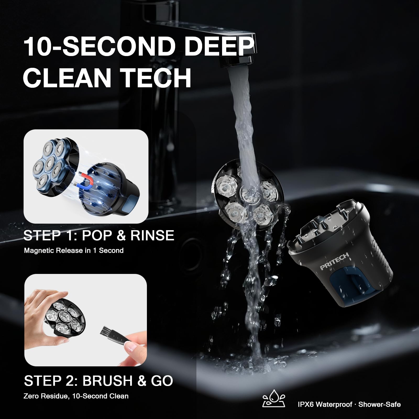 PRITECH shaver held in hand to show compact size and comfortable handling