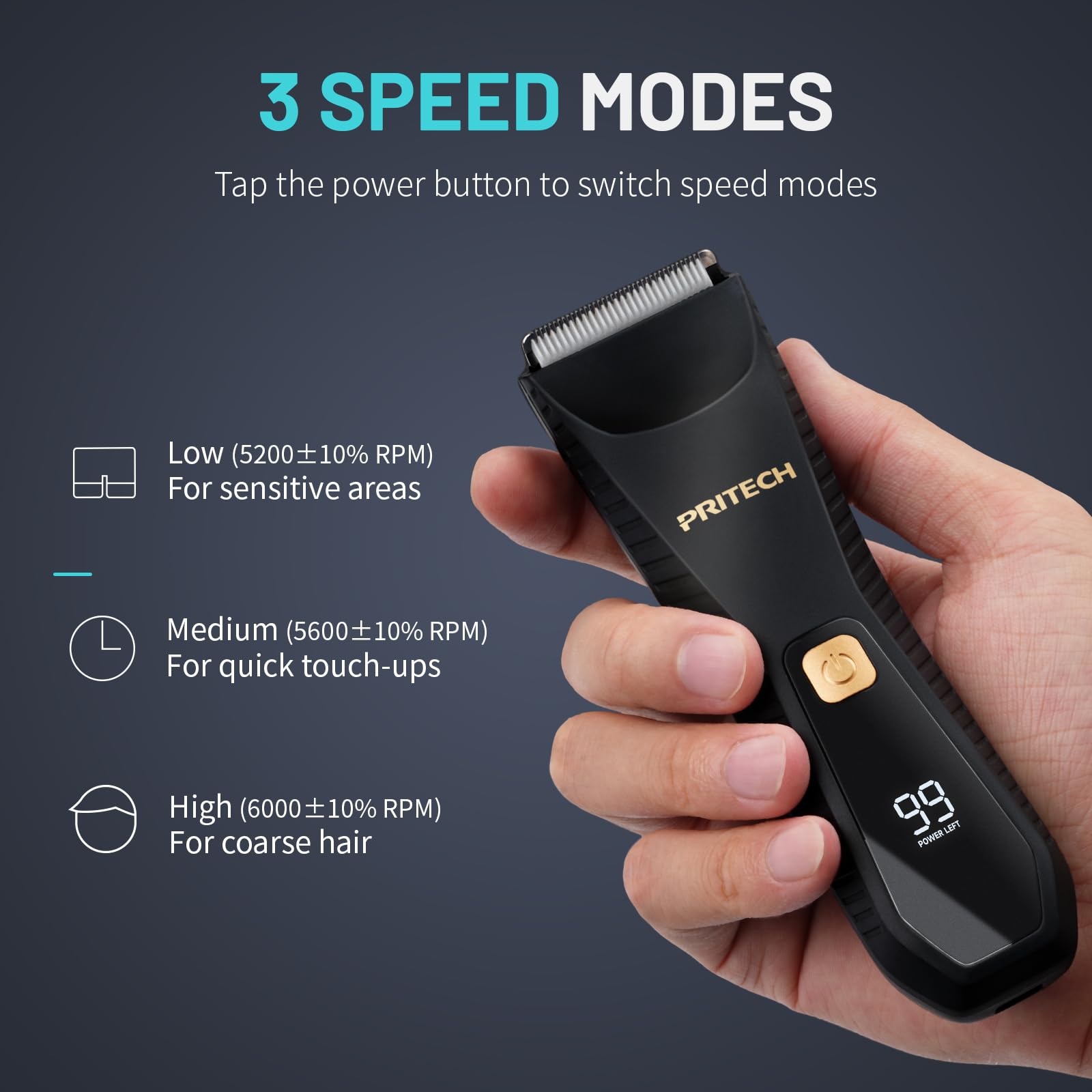PRITECH trimmer beside a hand for scale, compact size for travel convenience