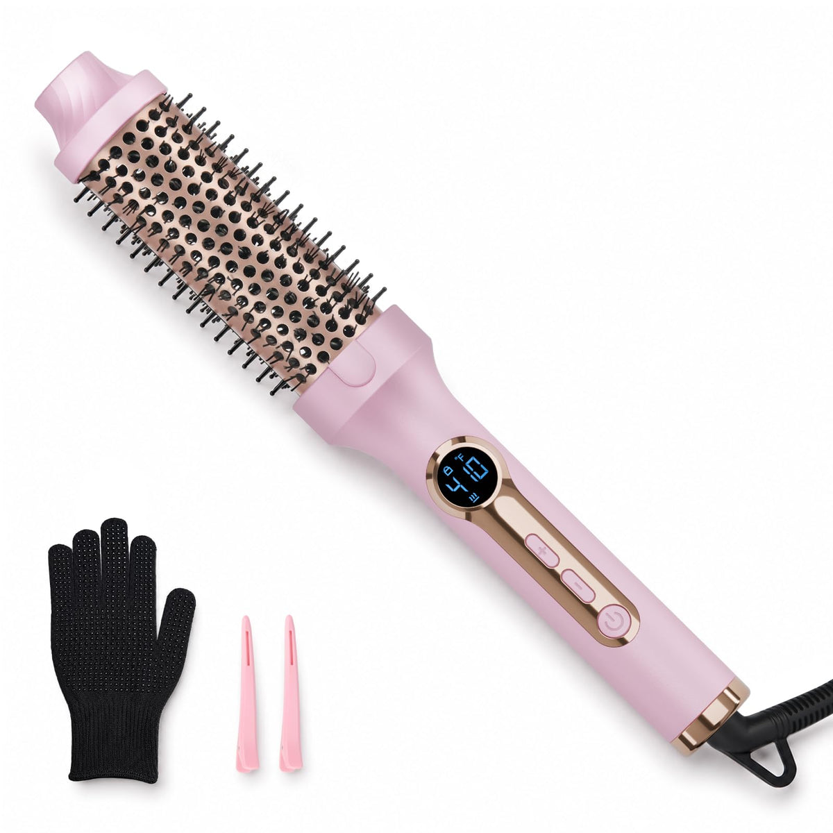 PRITECH thermal brush front view showing sleek pink barrel and comb benefit quick styling