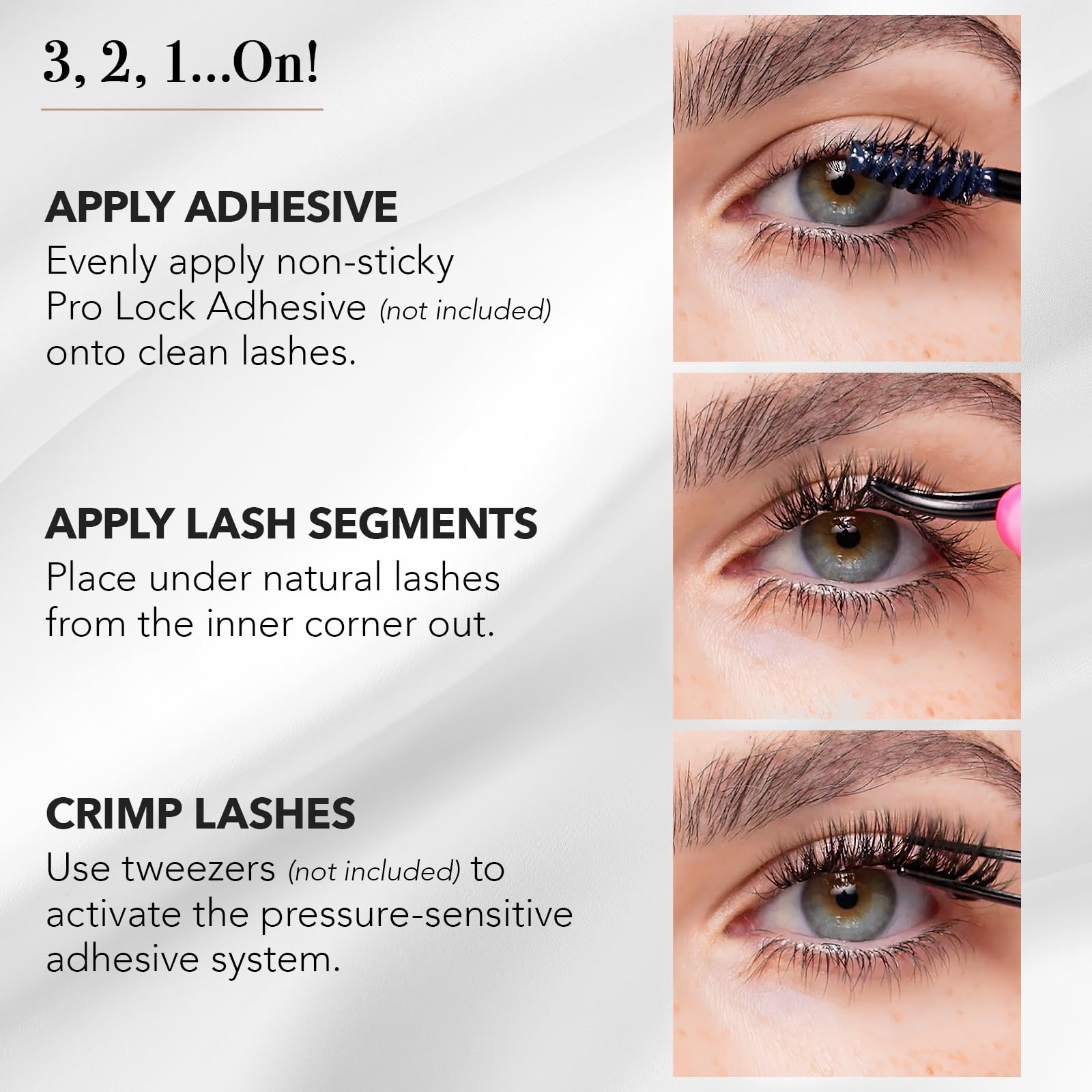Pro Lash step-by-step application image illustrating the apply-place-crimp method for speed