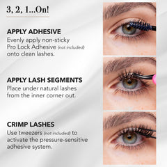 Pro Lash step-by-step application image illustrating the apply-place-crimp method for speed
