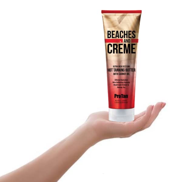 Pro Tan size scale next to hands showing compact 8.5oz travel-friendly benefit