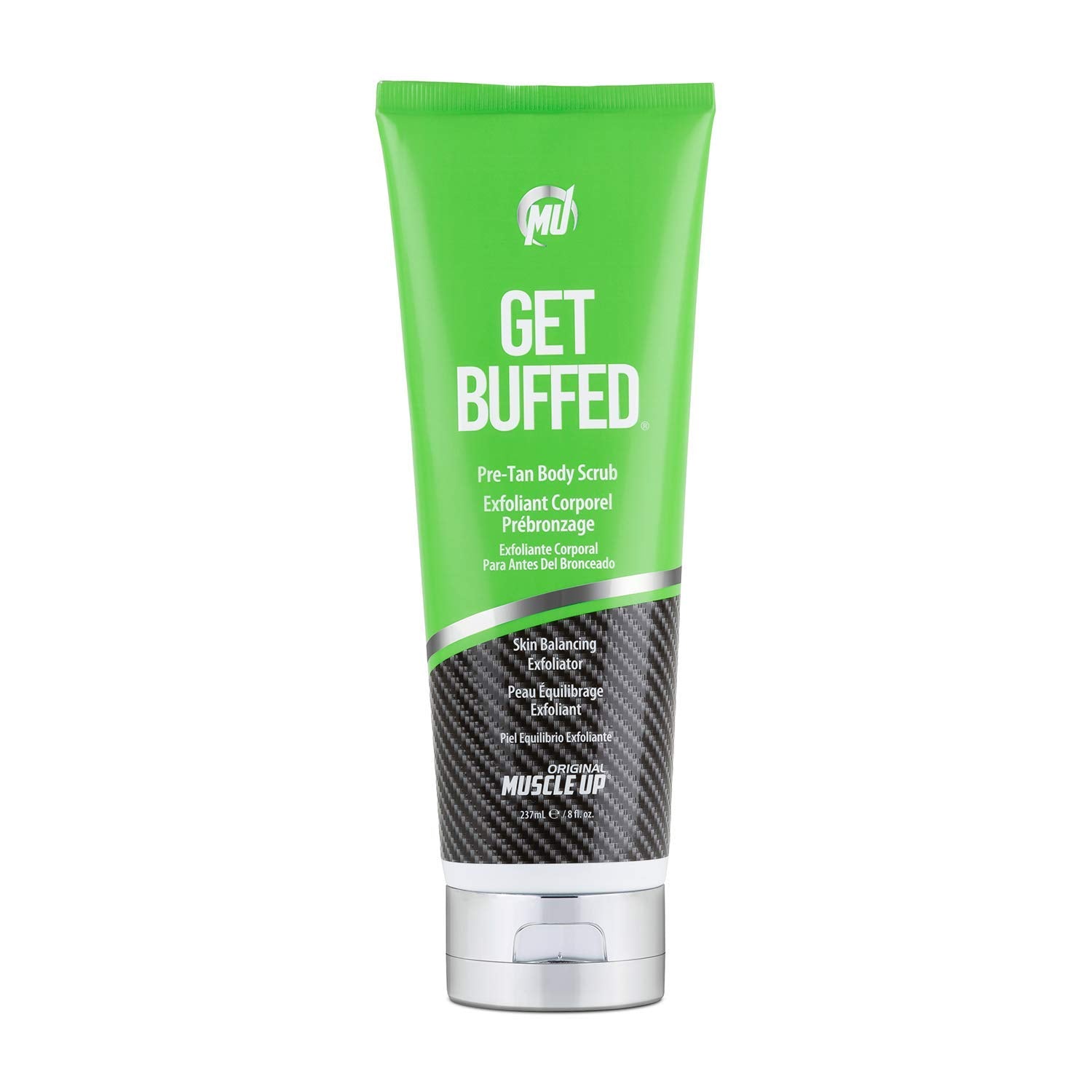 Pro Tan front packaging of Get Buffed scrub showing 8 oz jar and label, prepares skin