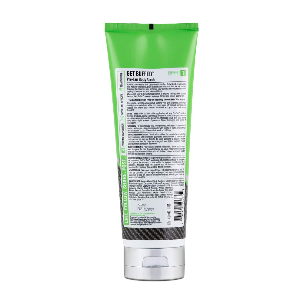 Pro Tan close-up of scrub texture on hand, exfoliating action for smoother tan