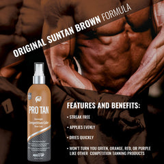 Pro Tan bottle held in hand showing 8.5 fl oz size and travel-friendly benefit