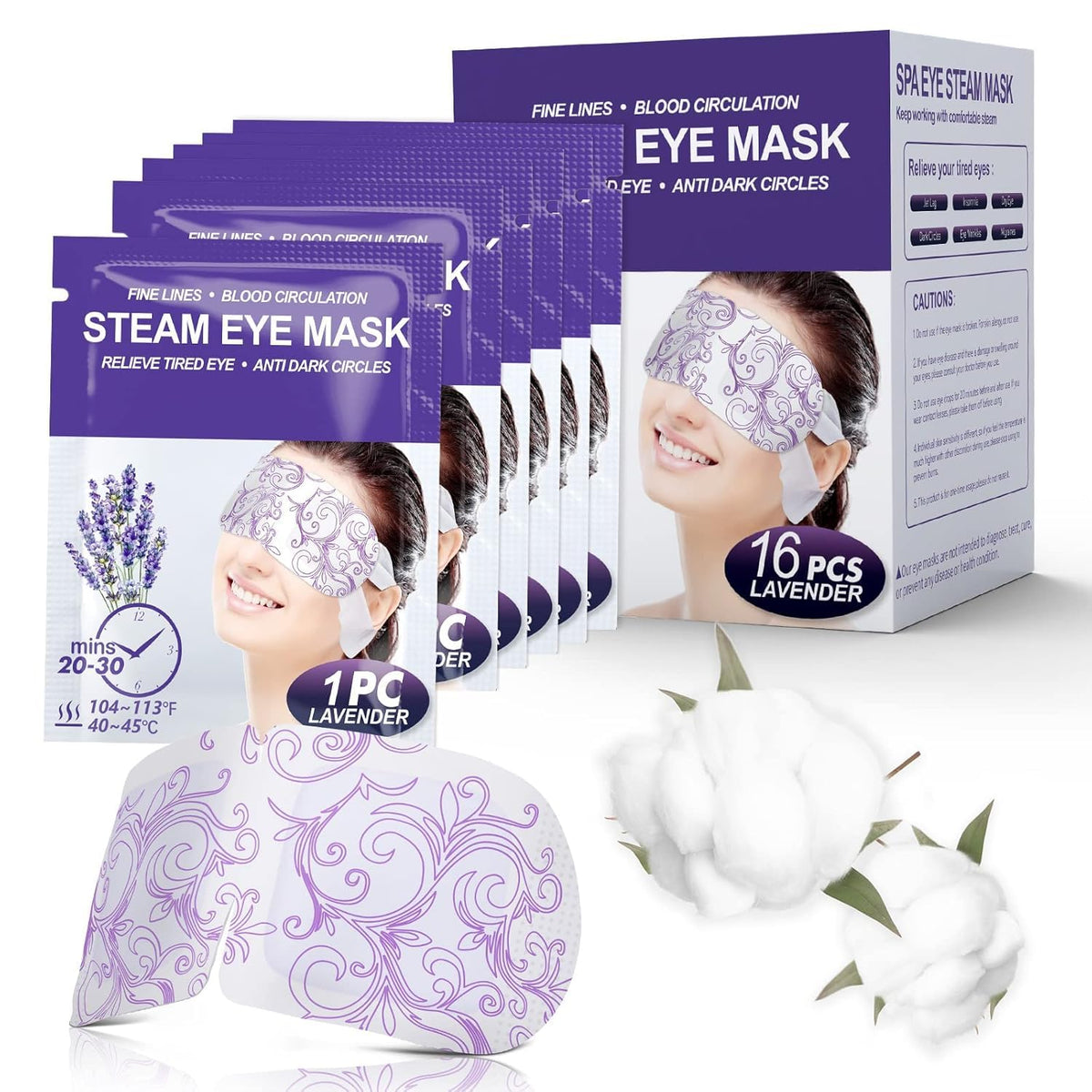 ProCIV front packaging showing 16 lavender steam eye masks and benefits