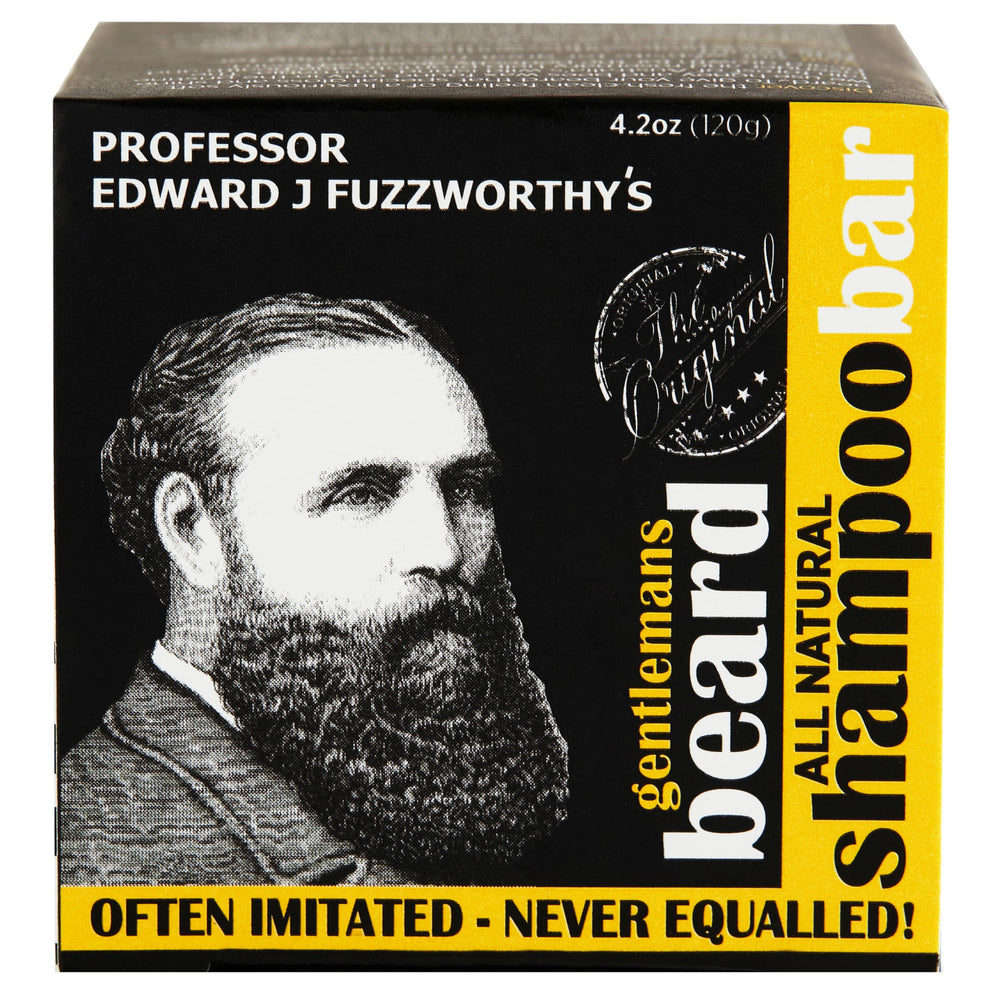 PROFESSOR EDWARD J FUZZWORTHY'S front packaging showing the beard shampoo bar benefit: long-lasting