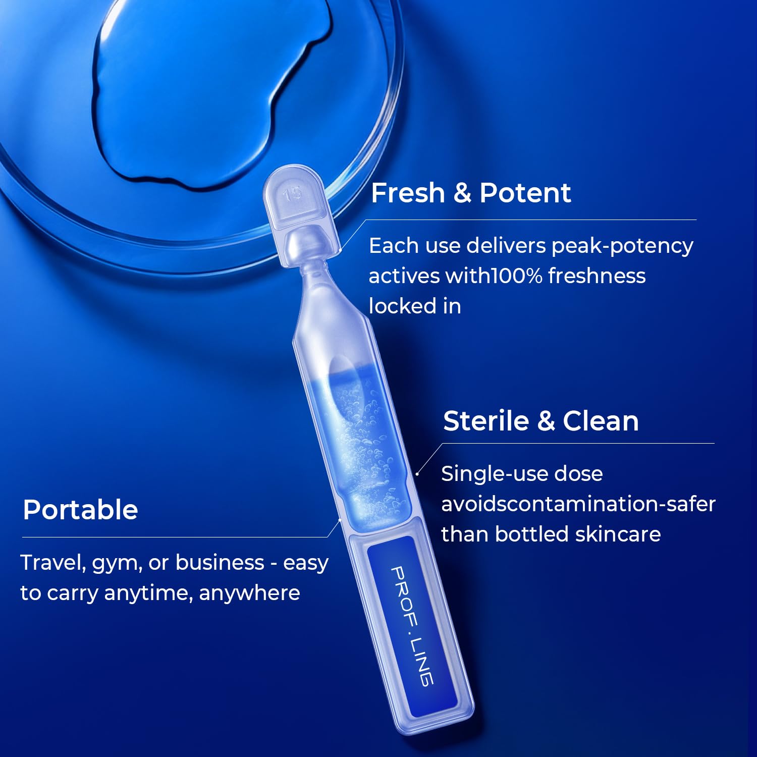 PROF.LING vial held in hand showing size and travel-friendly portability benefit