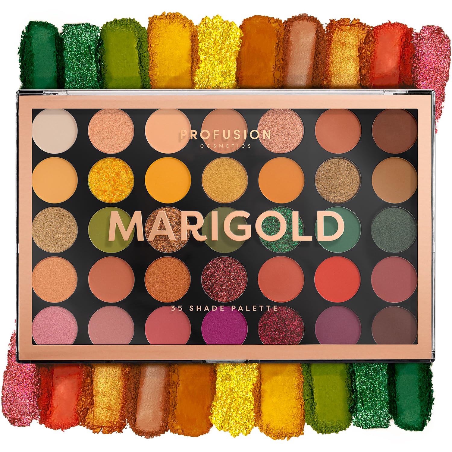 Profusion Cosmetics Marigold open palette showing 35 shades and variety