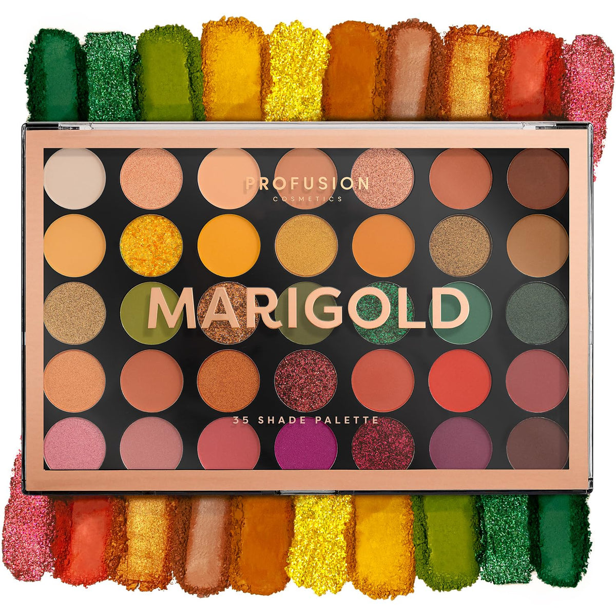 Profusion Cosmetics Marigold open palette showing 35 shades and variety