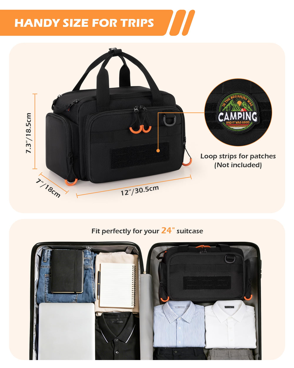 Prokva carry handle beside toiletries to show size and portability