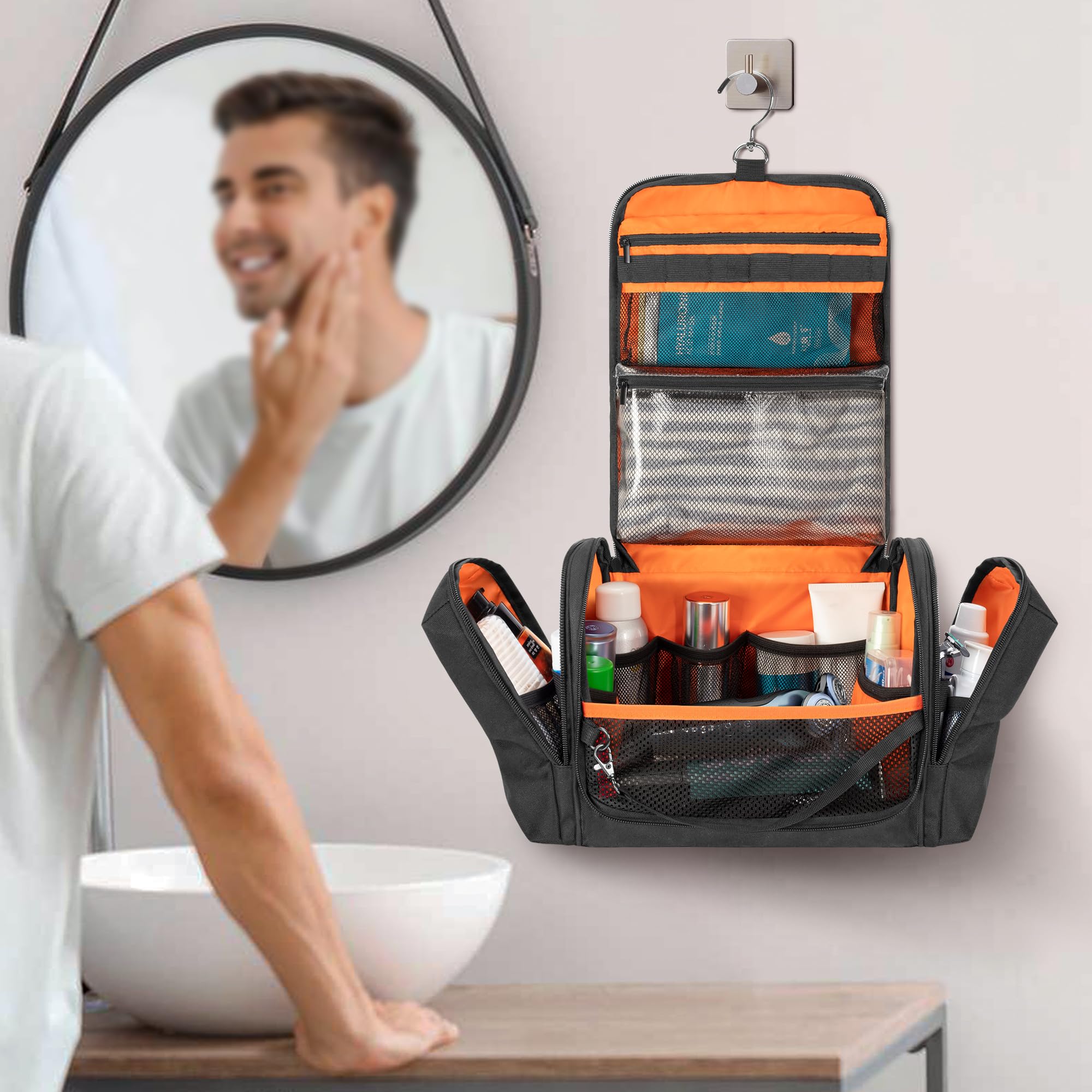 Prokva bag hanging in a travel bathroom demonstrating portability and convenience