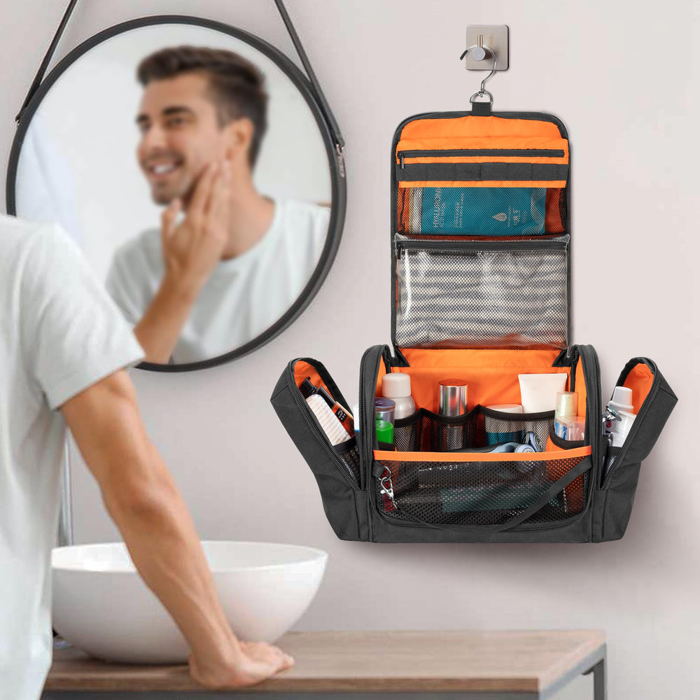 Prokva bag hanging in a travel bathroom demonstrating portability and convenience