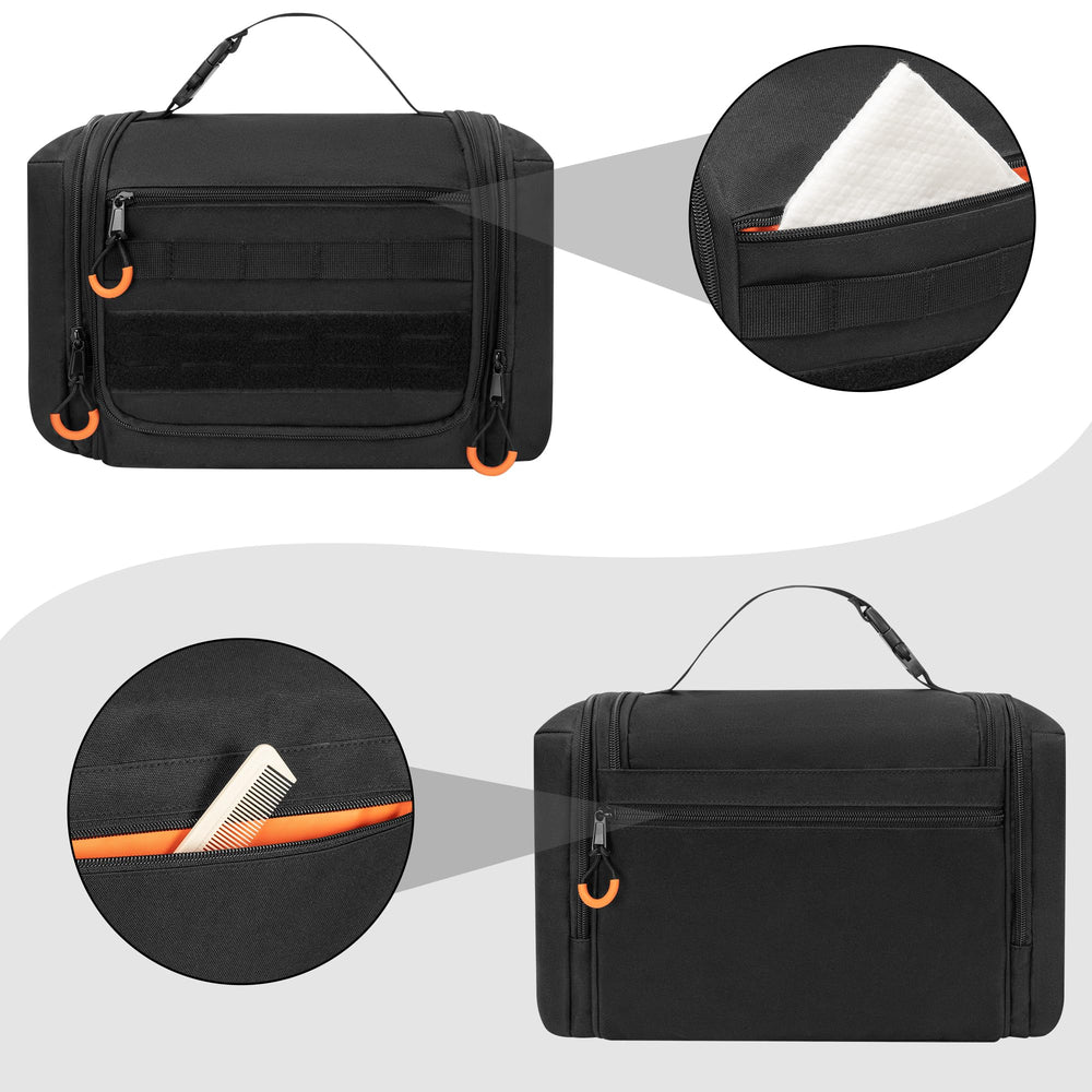 Prokva side pocket with elastic loops securing toothbrushes and grooming tools