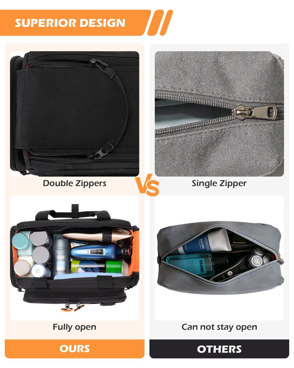 Prokva side zipper pocket open for quick-access grooming items