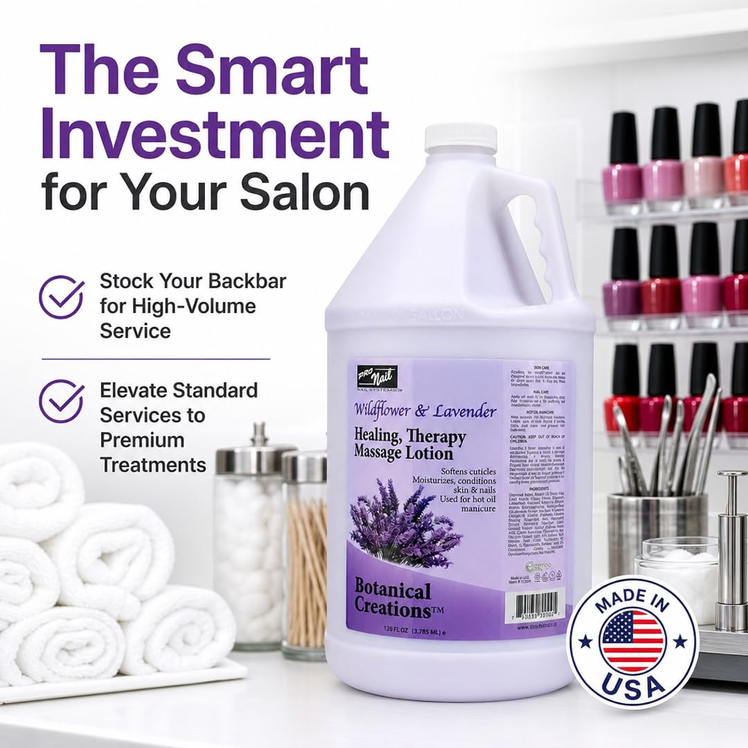 PRO NAIL gallon next to measuring cup illustrating economical salon size
