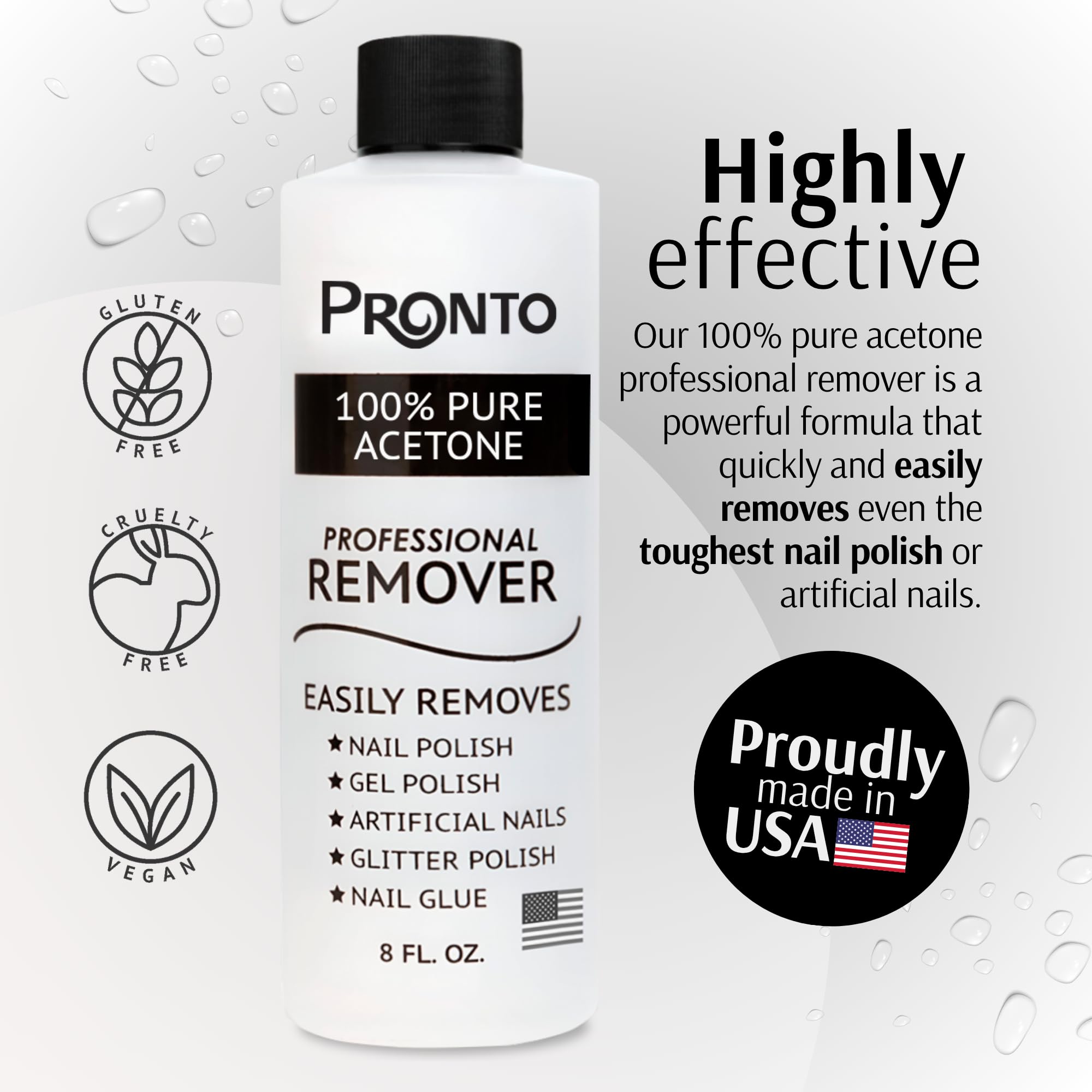 Pronto acetone bottle close-up showing label and liquid clarity benefit