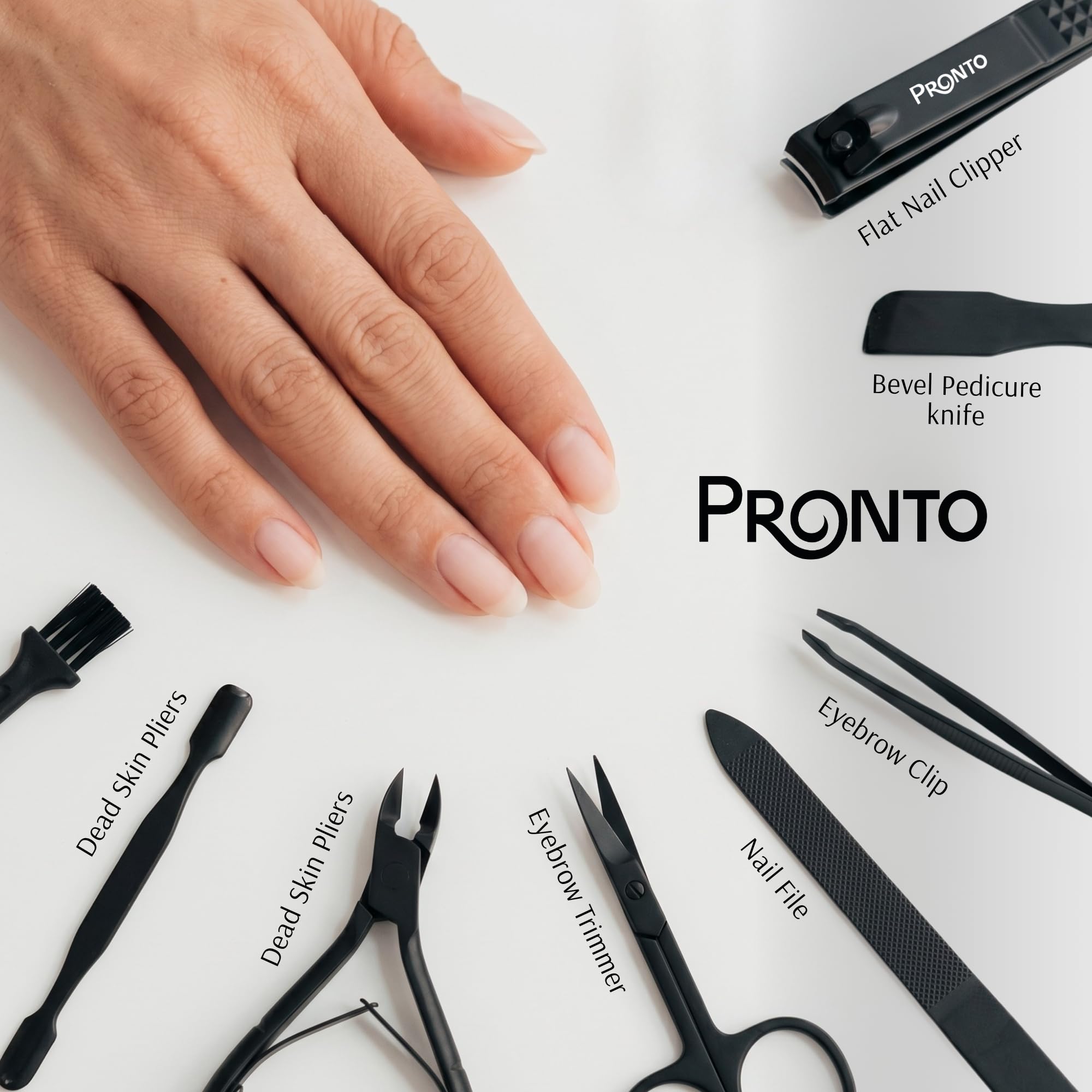 Pronto nail file and clippers in hand demonstrating size and control