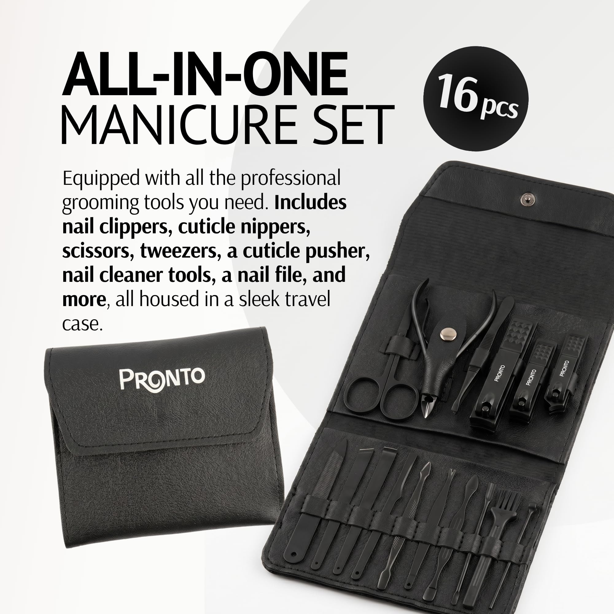 Pronto stainless-steel manicure tools displayed in open case for organization