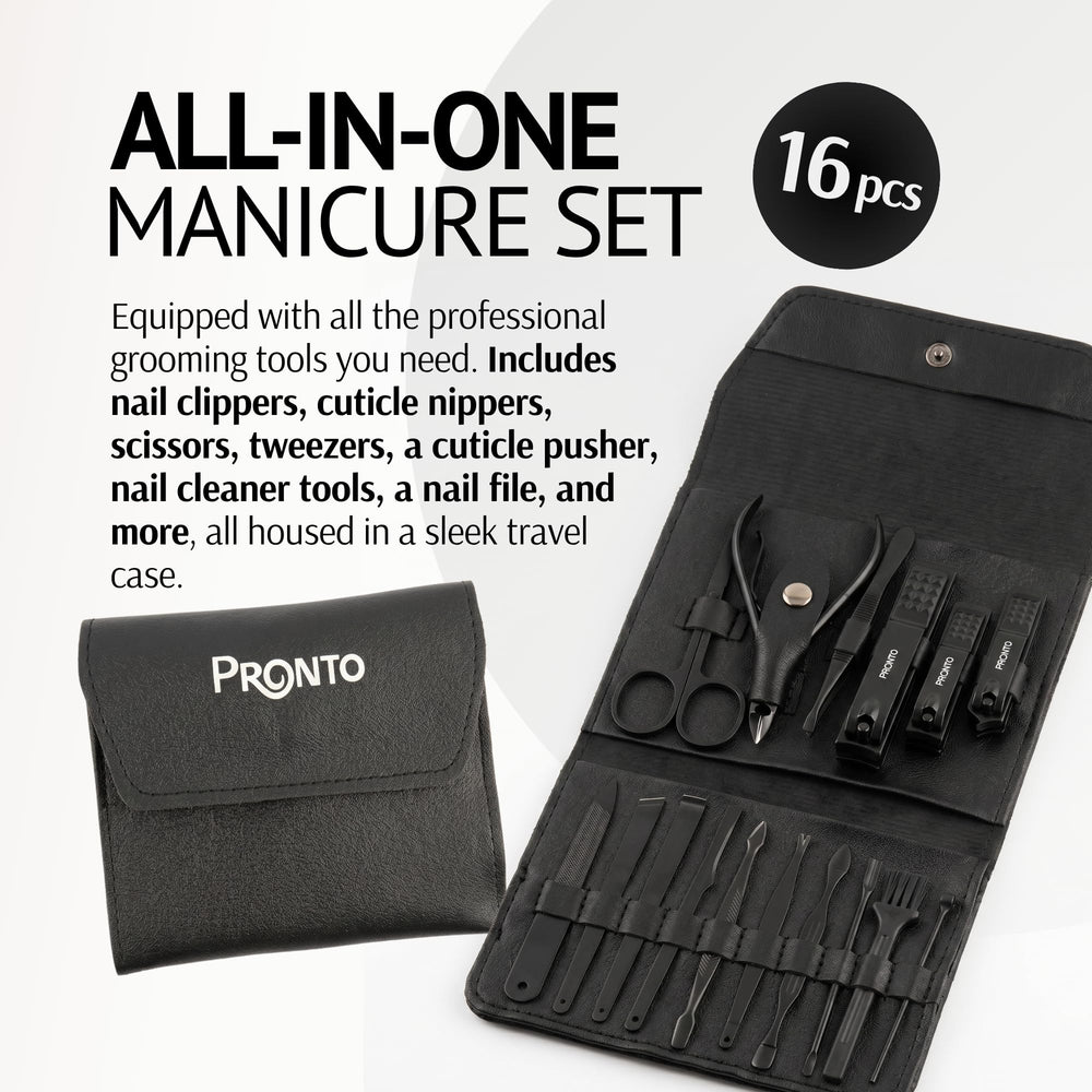 Pronto stainless-steel manicure tools displayed in open case for organization