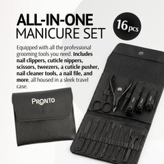 Pronto stainless-steel manicure tools displayed in open case for organization