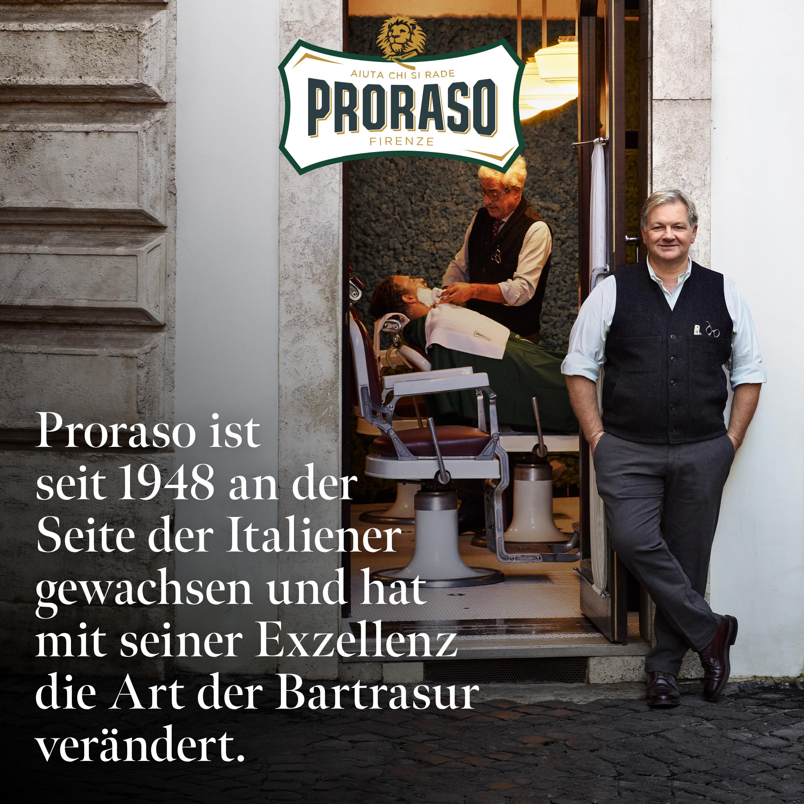 Proraso bottle next to a razor showing product size and grooming routine benefit