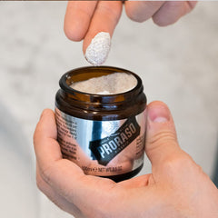 Before and after beard photos with Proraso showing reduced buildup and improved texture