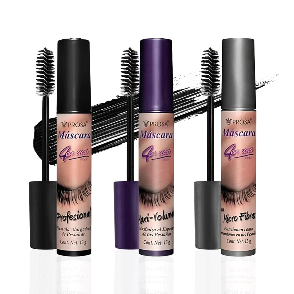 Prosa front packaging showing three mascaras and clear product identity and convenience