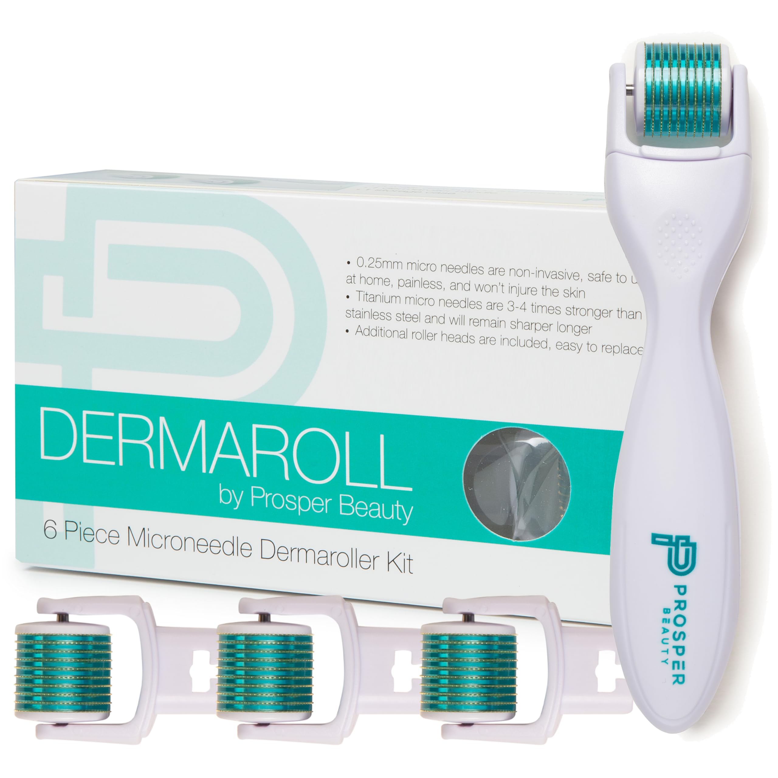 Prosper Beauty derma roller front packaging displaying kit contents and benefits