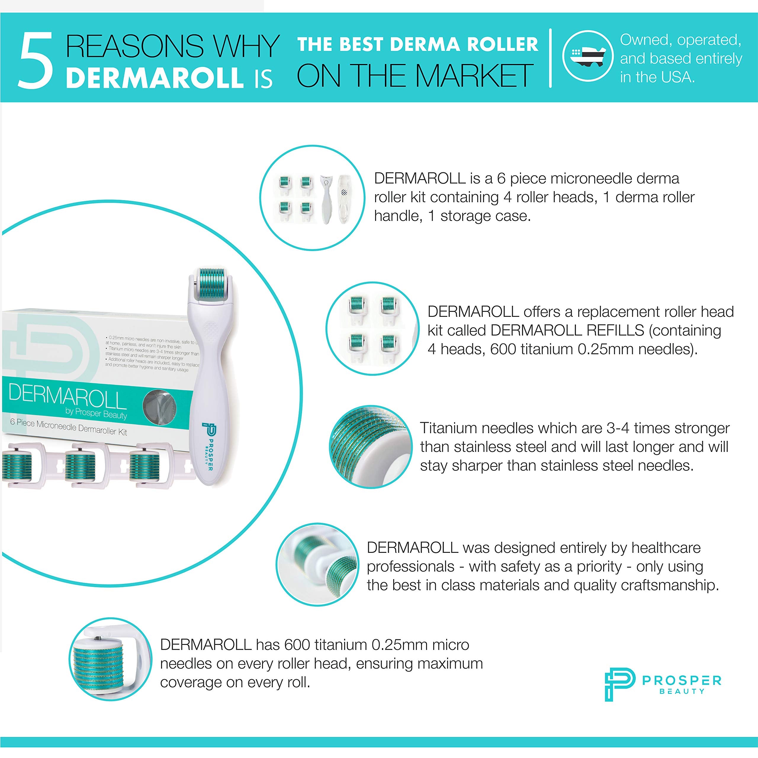 Prosper Beauty derma roller handle with one replaceable head attached for easy use