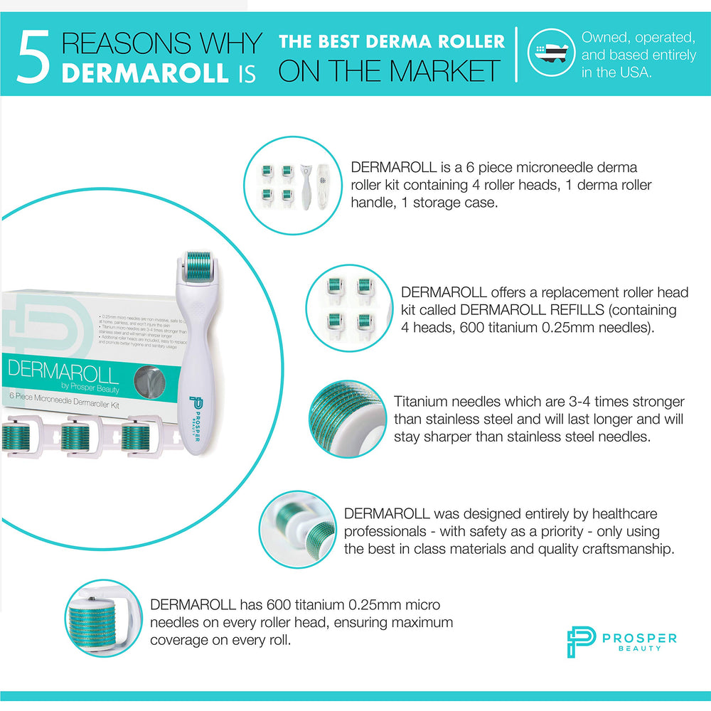 Prosper Beauty derma roller handle with one replaceable head attached for easy use