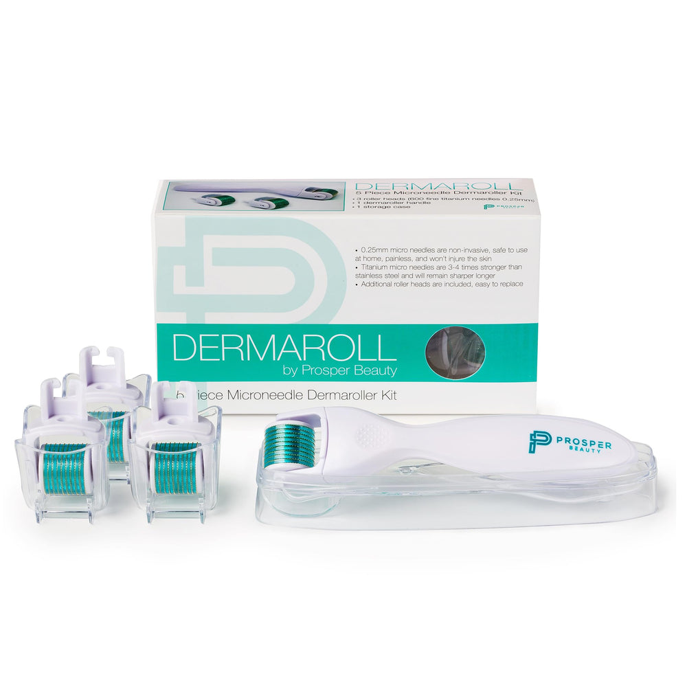 Prosper Beauty derma roller kit styled on bathroom shelf for everyday routine