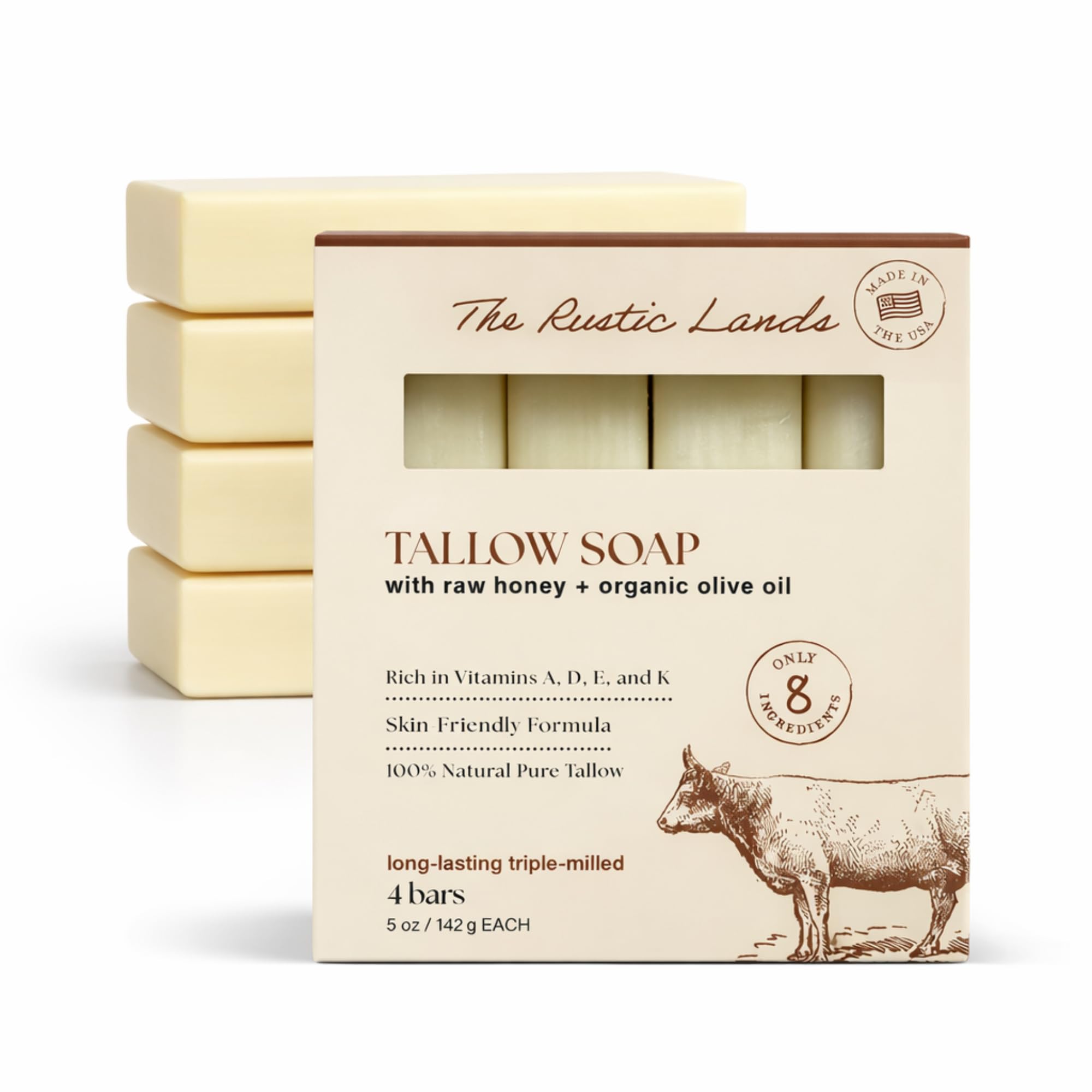 PROVENCE ESSENTIALS front packaging showing four tallow soap bars and eucalyptus scent benefit