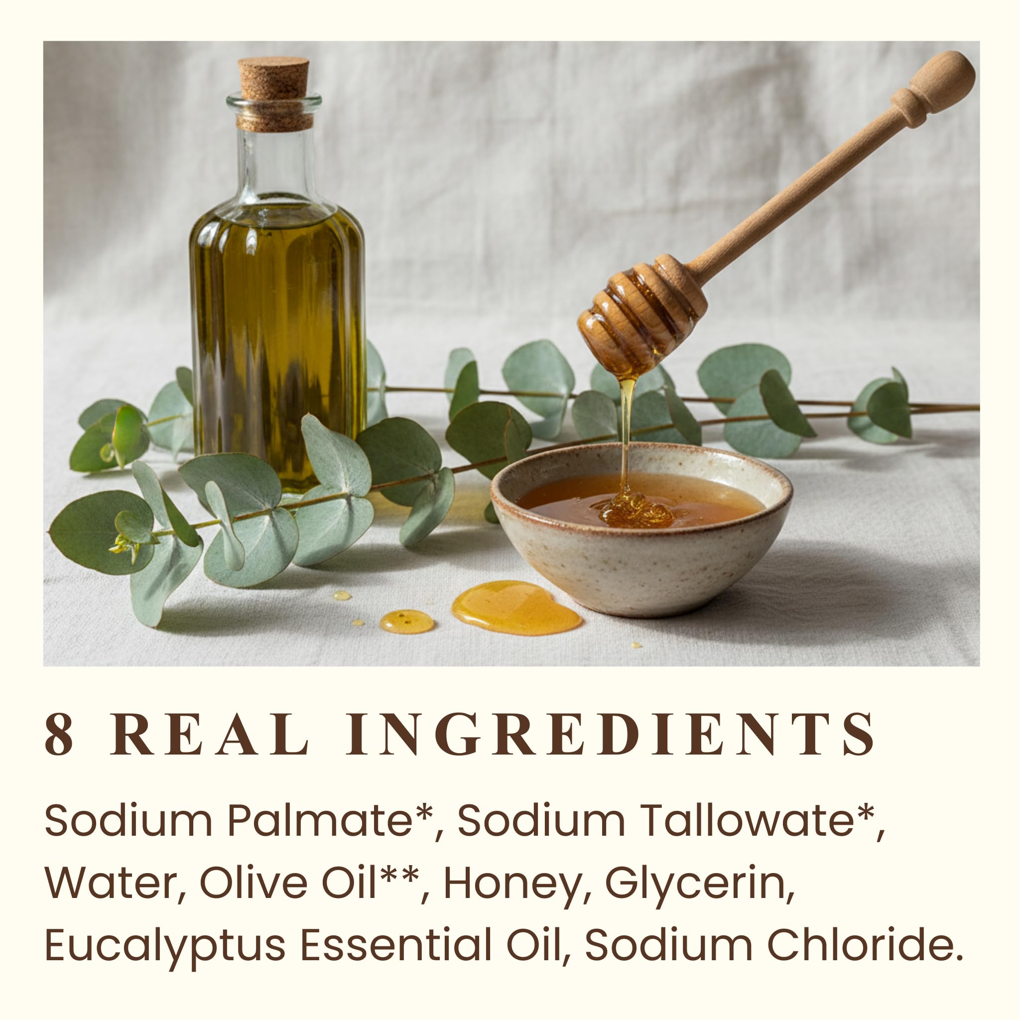 PROVENCE ESSENTIALS raw honey olive oil and tallow arranged showing natural ingredients benefit