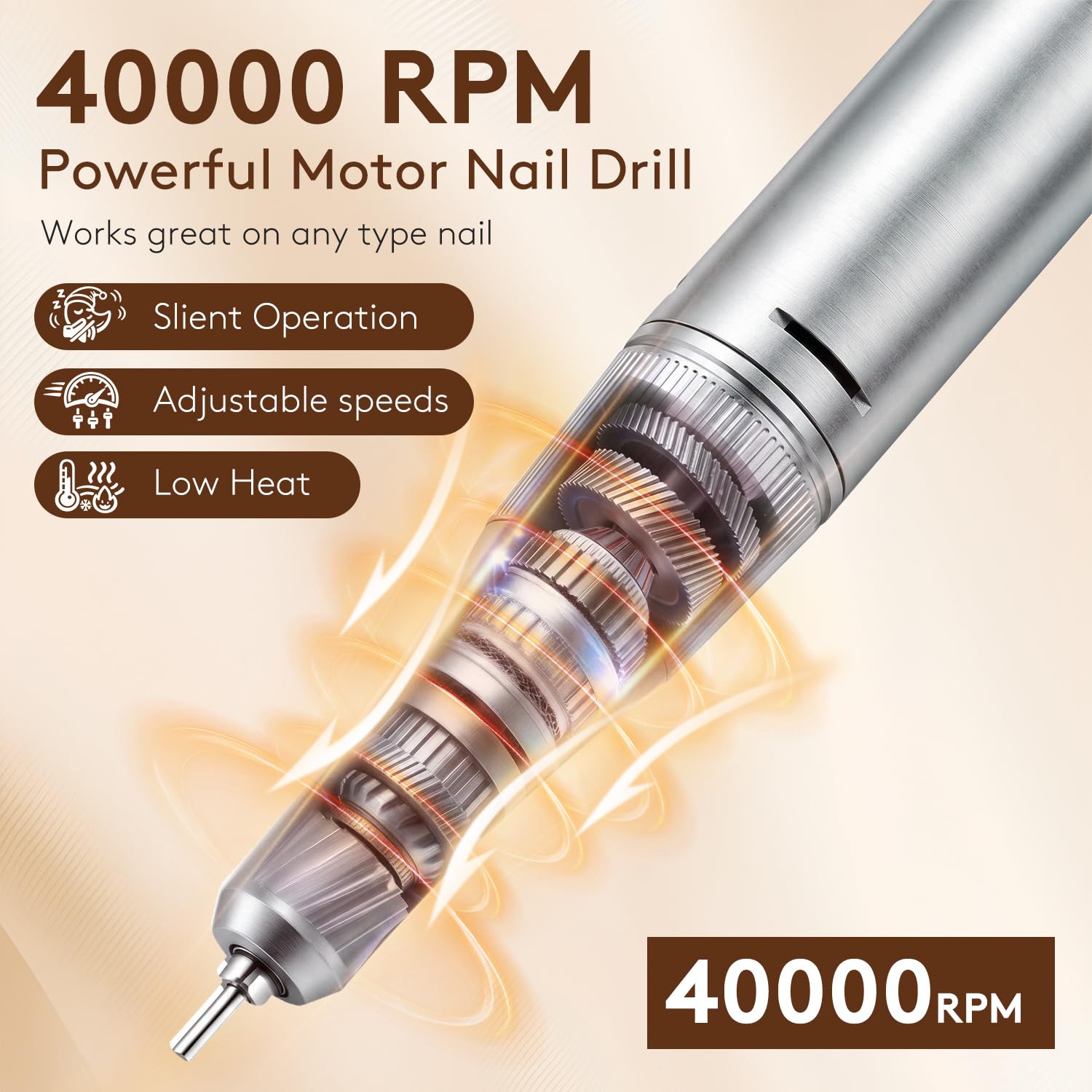 Pruk handpiece close-up highlighting quiet motor and ergonomic grip benefit