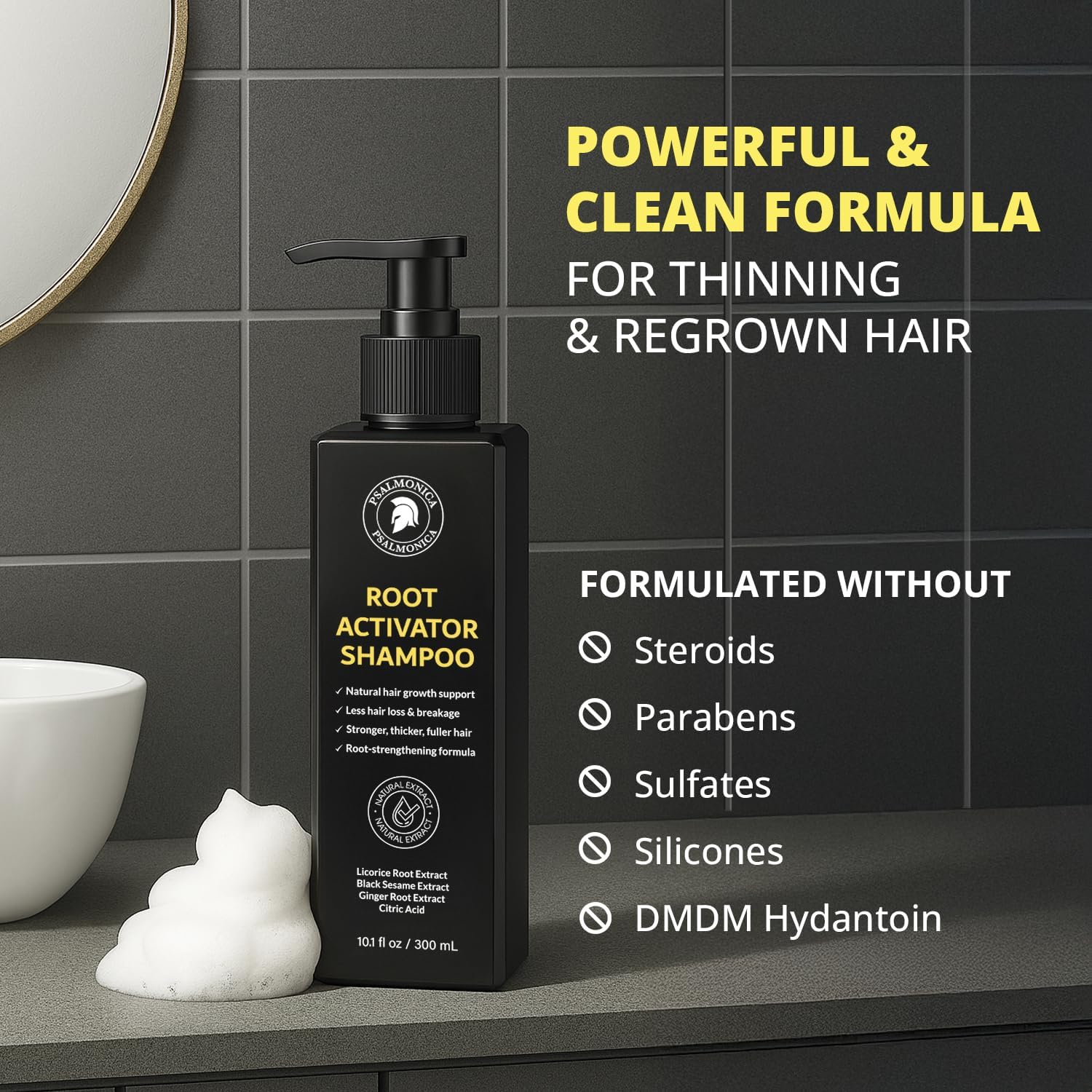 Psalmonica shampoo in shower use illustrating cleansing and scalp massage