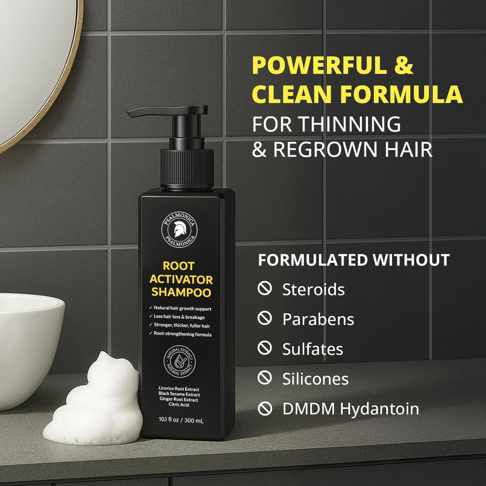 Psalmonica shampoo in shower use illustrating cleansing and scalp massage