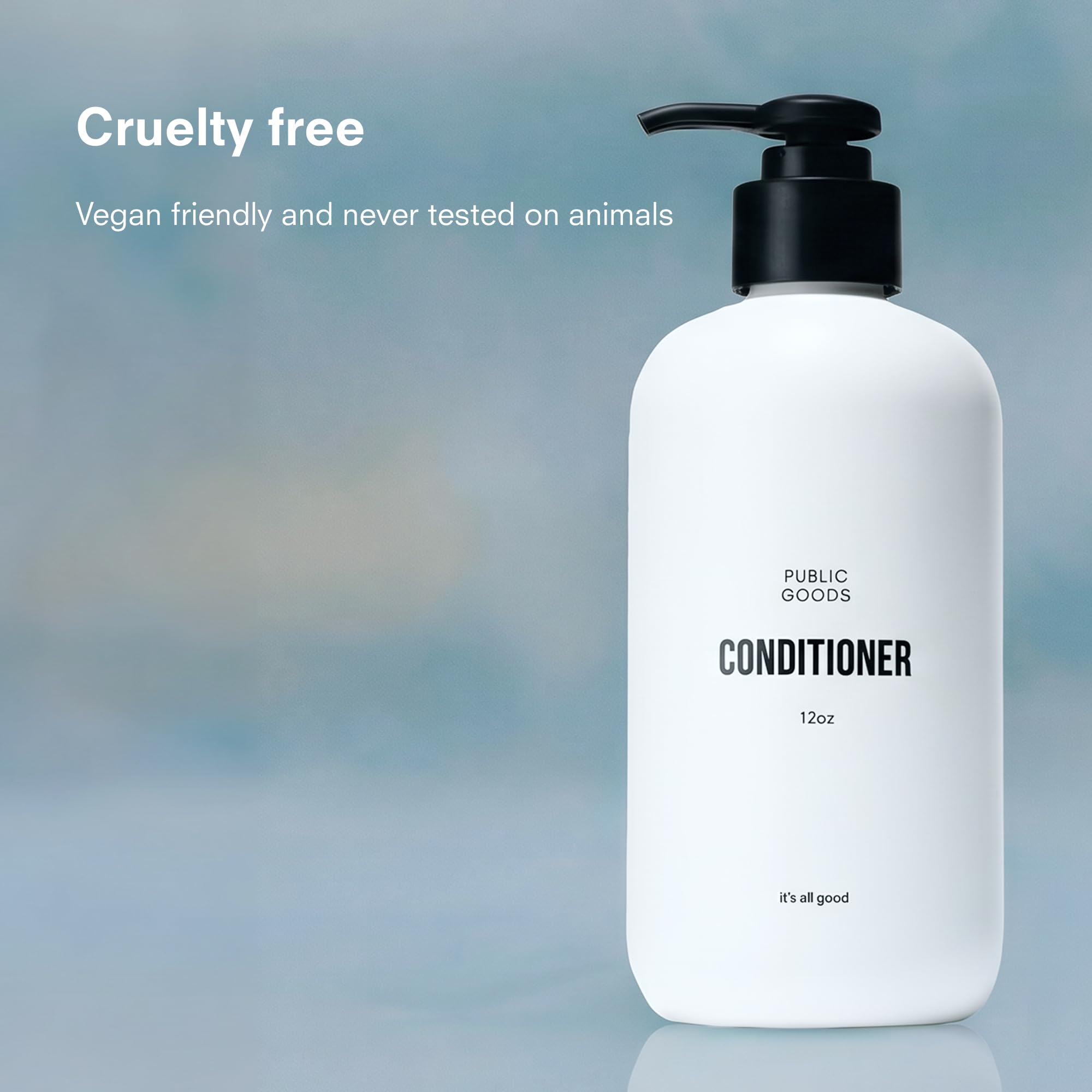 Public Goods conditioner poured on hand to show creamy texture for easy application