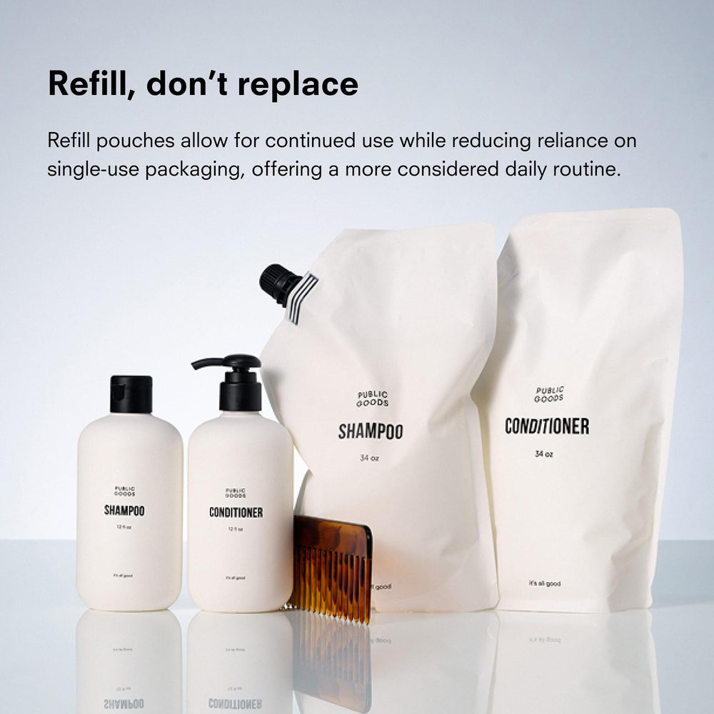 Public Goods bottle with recycled badge highlighting 100% post-consumer plastic benefit