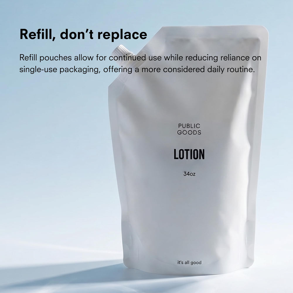 Public Goods lotion in bathroom lifestyle setting promoting everyday sustainable use