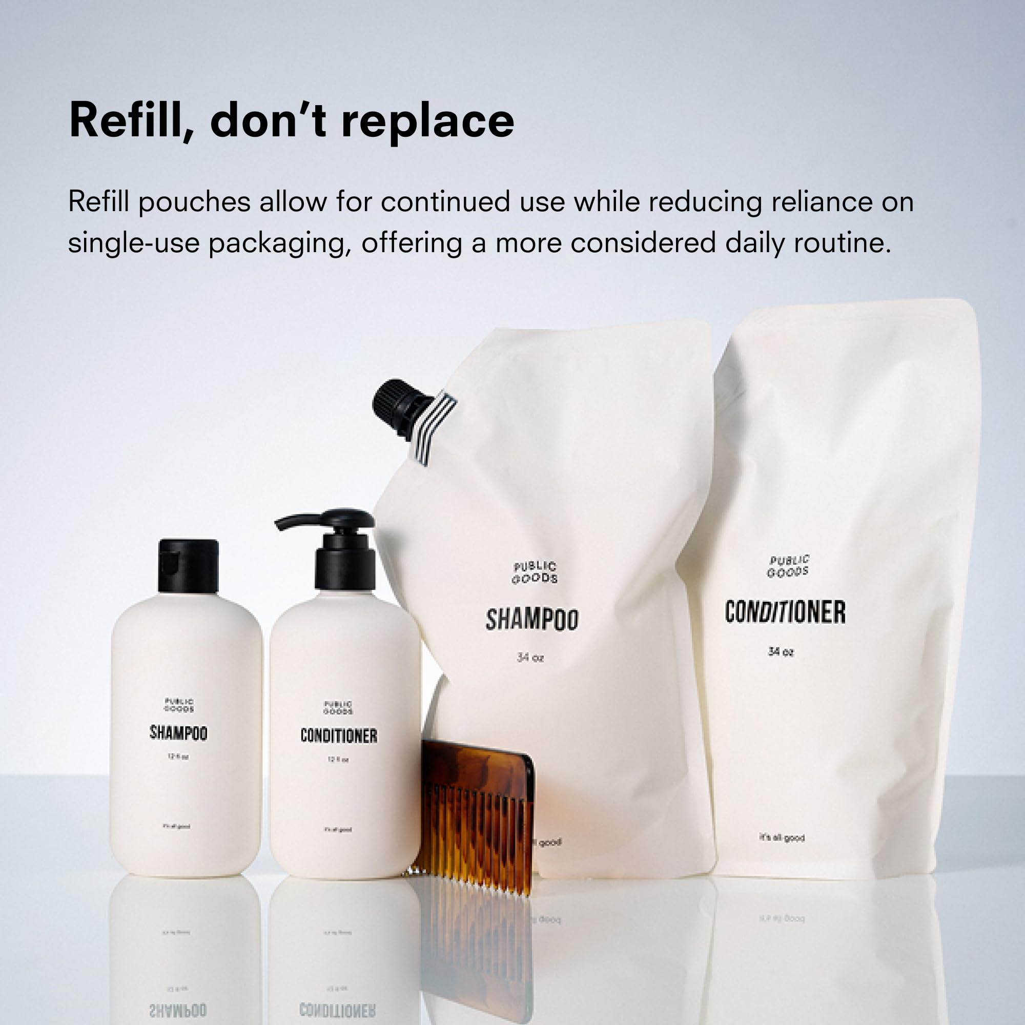 Public Goods shampoo displayed in bathroom setting suggesting eco-friendly routine benefit
