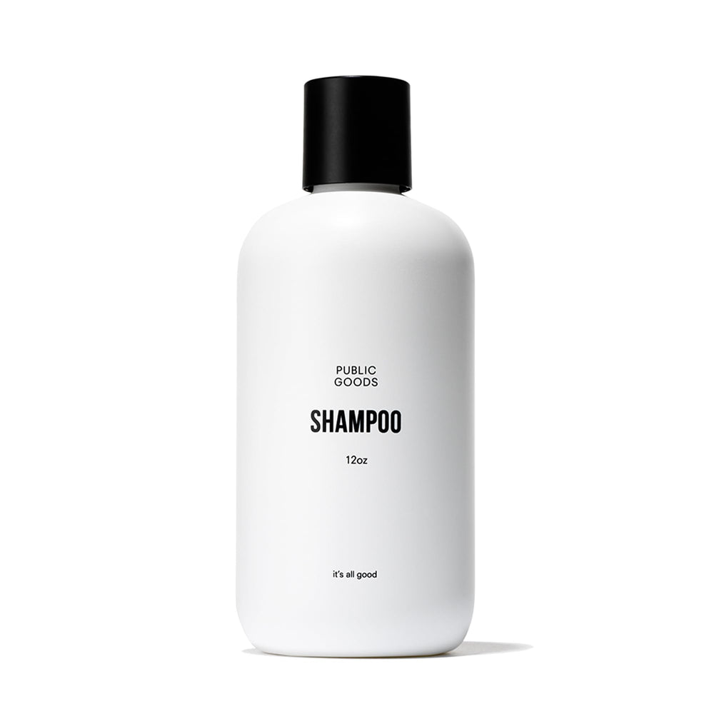 Public Goods shampoo front bottle showing simple design and clean benefits