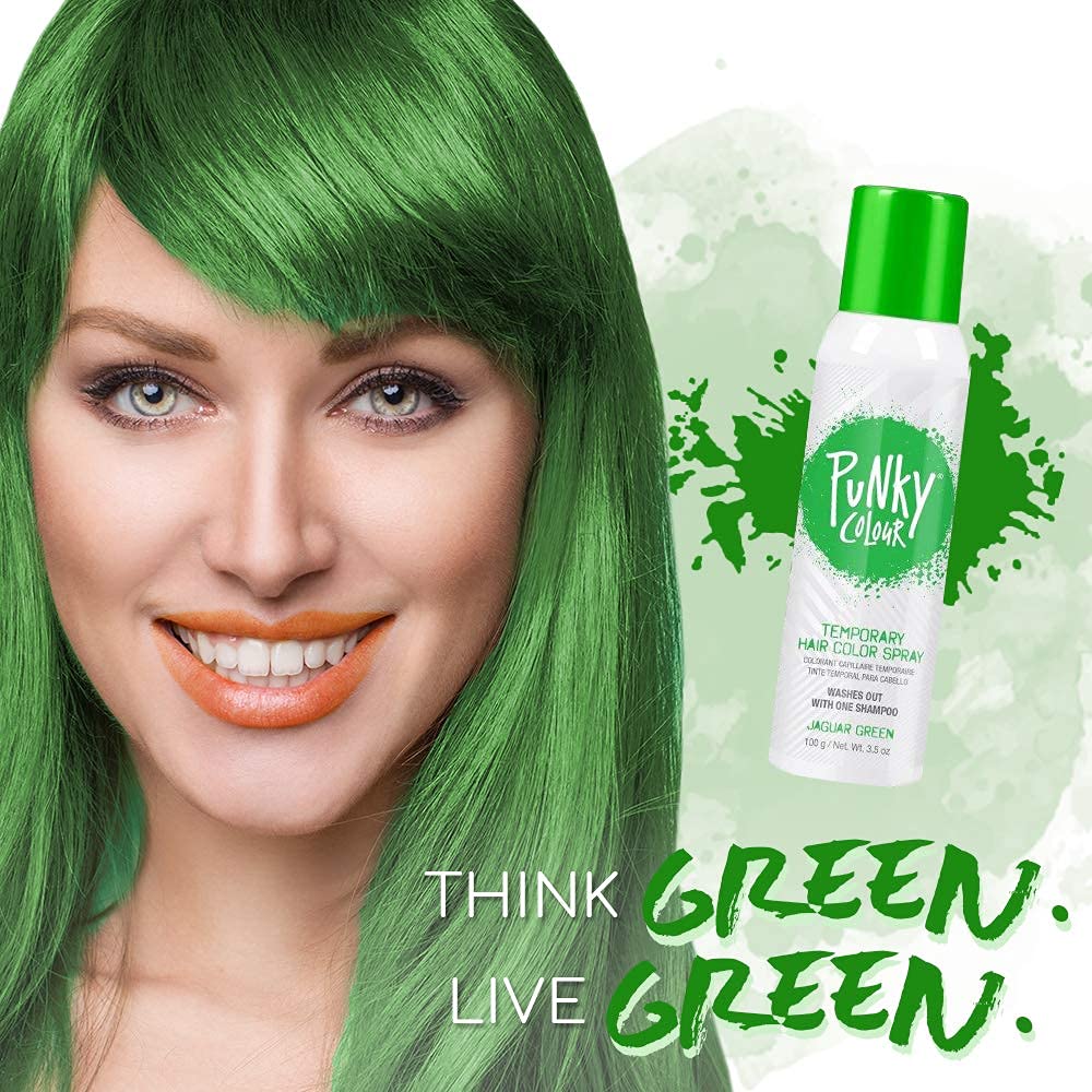 Punky jaguar green color on hair strands showing vibrant, non-damaging finish