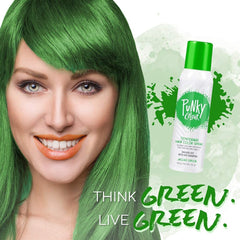 Punky jaguar green color on hair strands showing vibrant, non-damaging finish