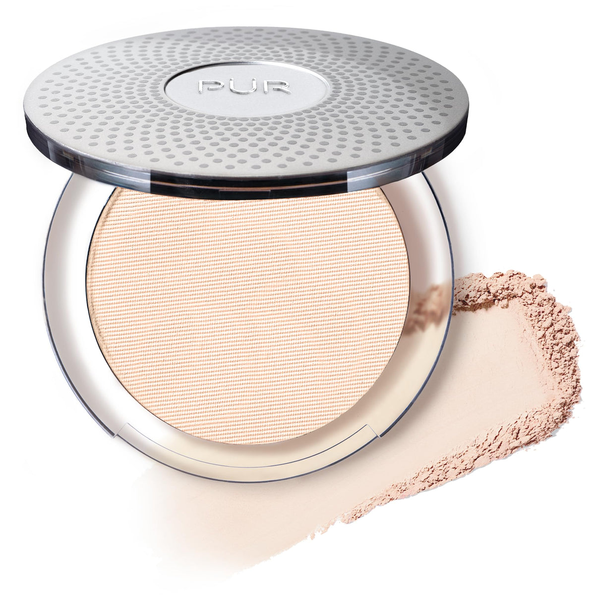 PÜR MINERALS compact front view showing shade Ivory and portable design benefit