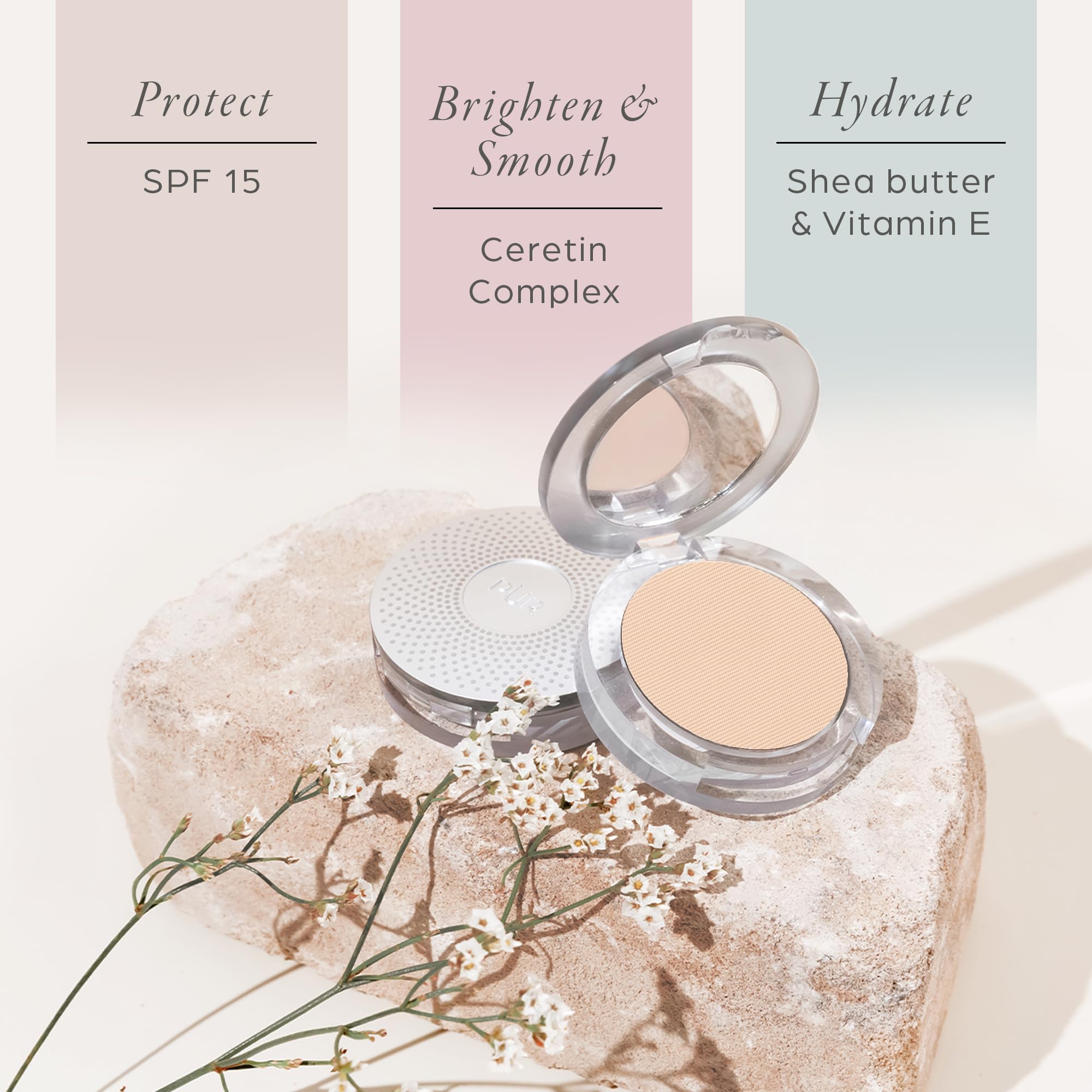 PÜR MINERALS application with brush demonstrating easy full-coverage application benefit