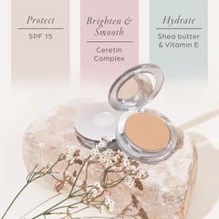 PÜR MINERALS applying powder with brush demonstrating quick coverage and touch-up convenience