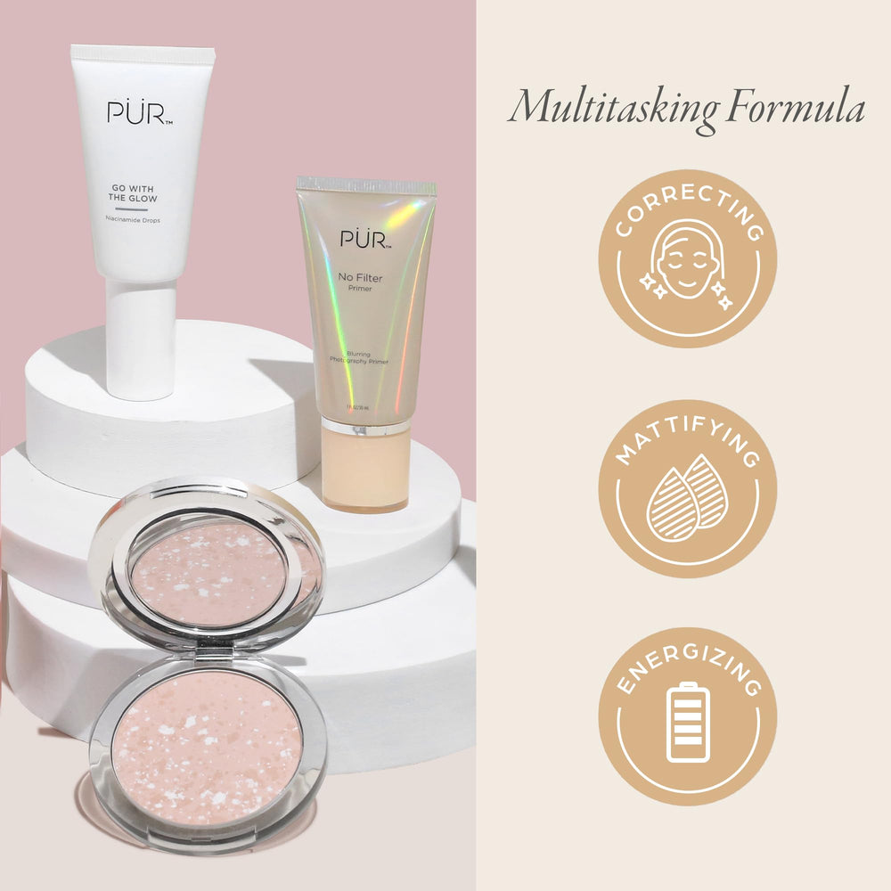 PÜR MINERALS powder swatch on skin demonstrating translucent mattifying benefit