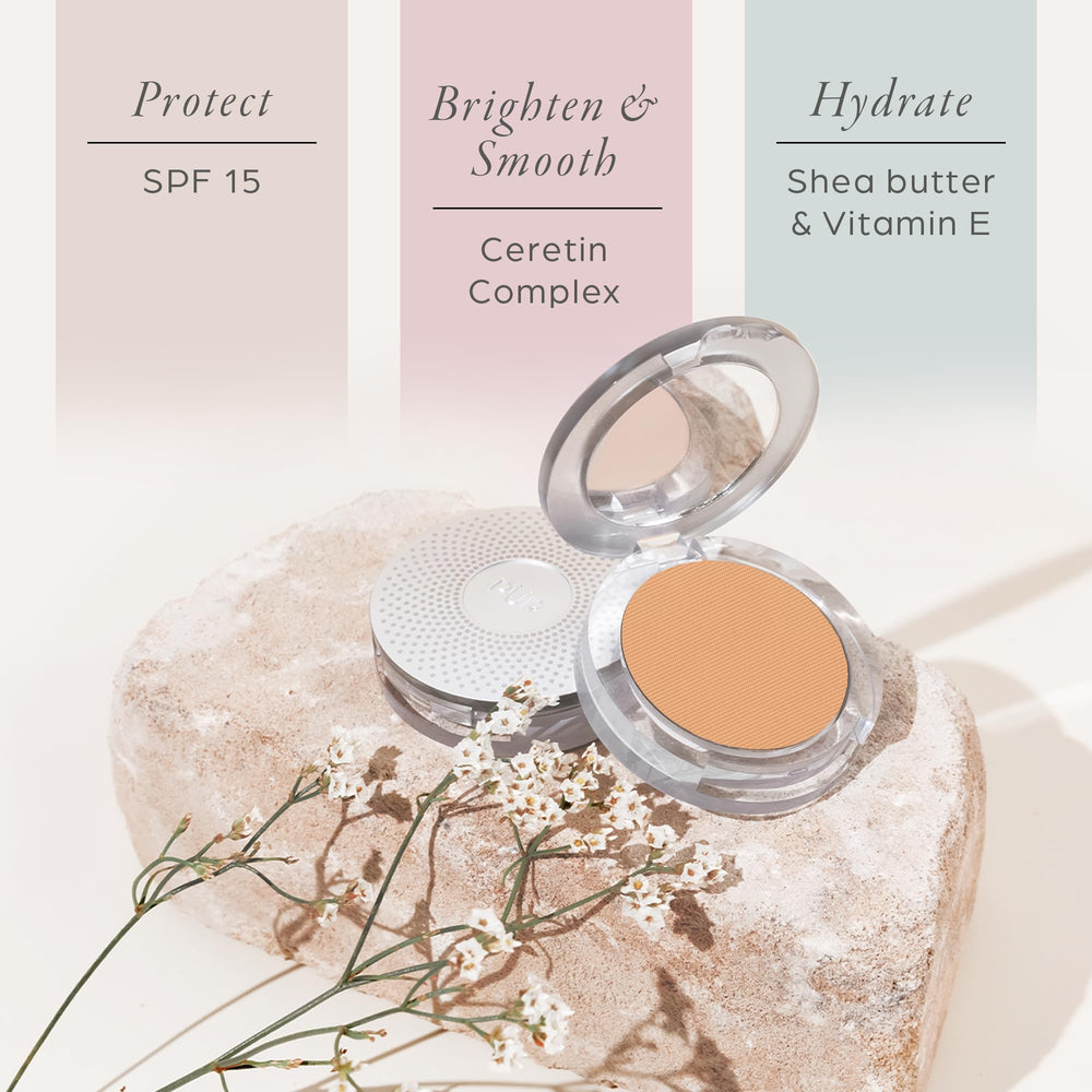 PÜR MINERALS powder being applied to cheek demonstrating buildable coverage