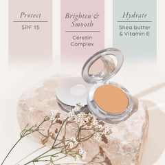 PÜR MINERALS powder being applied to cheek demonstrating buildable coverage